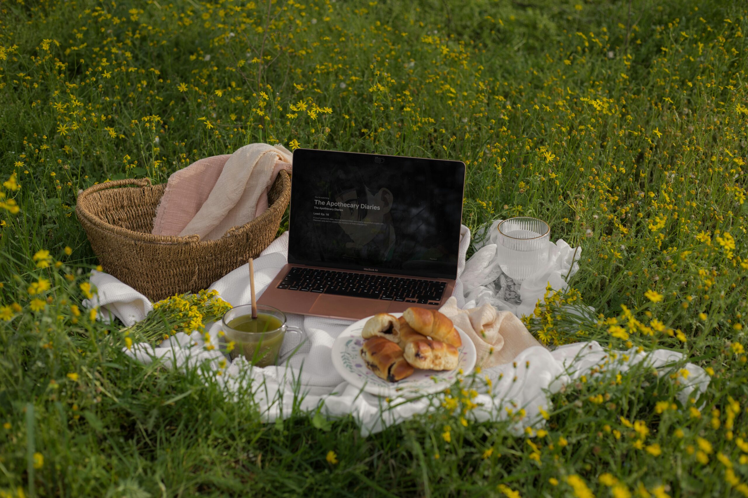 Pexelsphoto31727635317276351|暮らしを整えるルーマニ屋 Serene outdoor picnic setup with macbook air pastries and matcha drink surrounded by blooming spring flowers