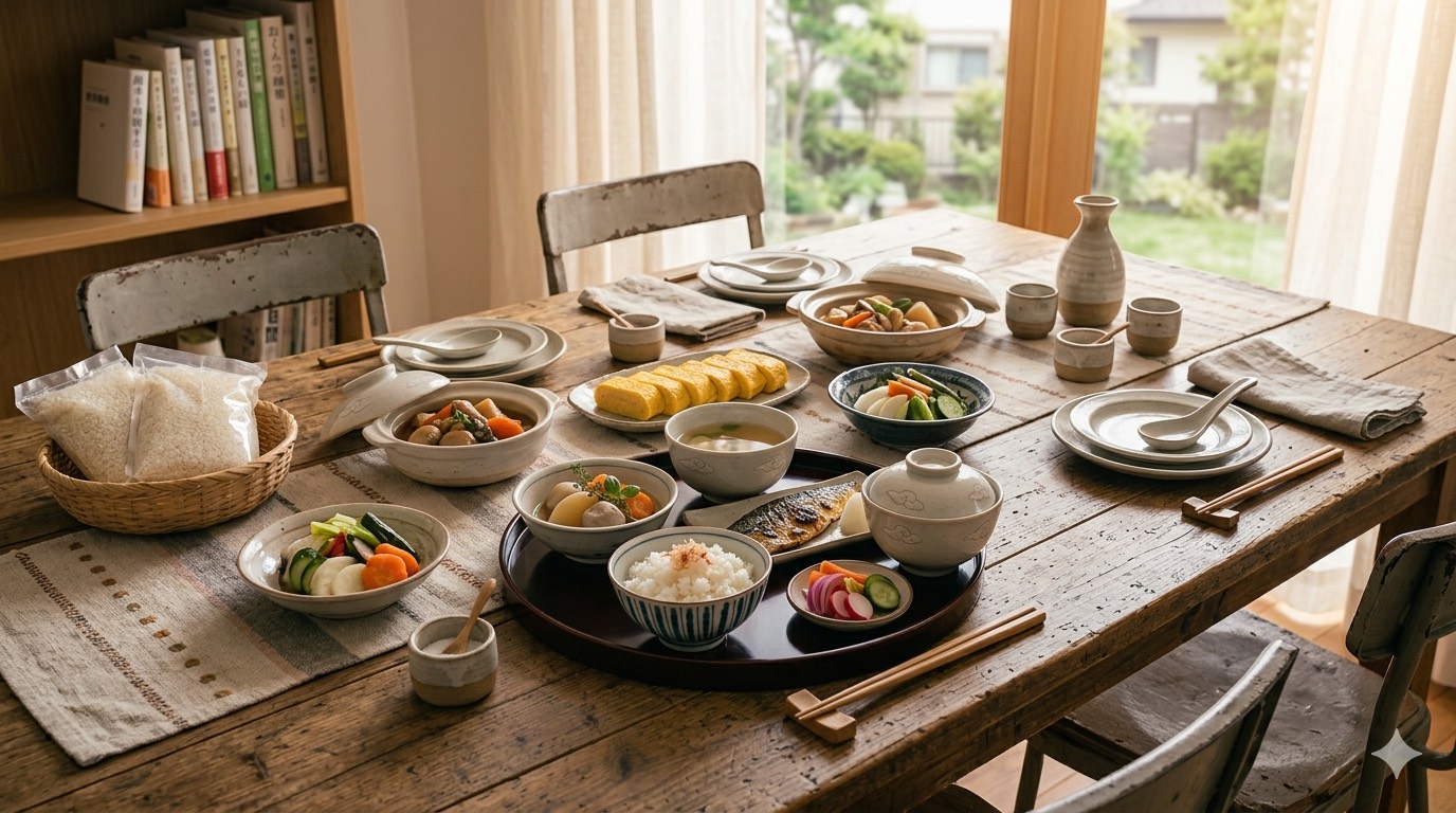 昔ながらの本格和食をご自宅で|ルーマニ屋の料理代行五反田エリア|暮らしを整えるルーマニ屋 ルーマニ屋|本格和食の食卓煮物だし巻き卵焼き魚漬物ご飯が並ぶアットホームな一汁三菜五反田品川目黒エリアの料理代行 image title | 暮らしと心を整える収納と料理サポート