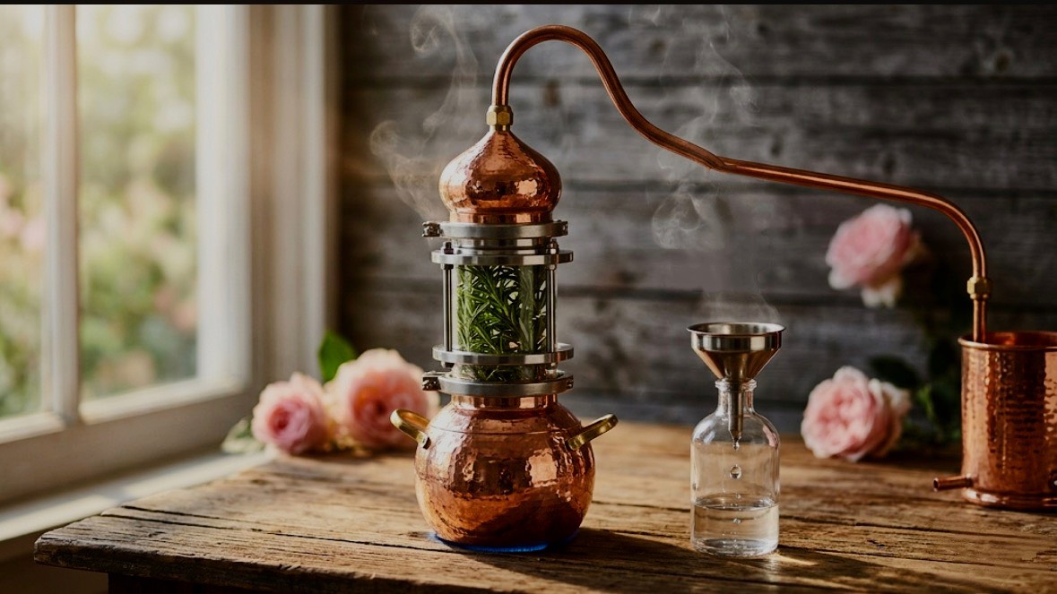 銅製アランビック蒸留器でローズマリーを蒸気蒸留する様子｜東京・五反田の家事代行ルーマニ屋