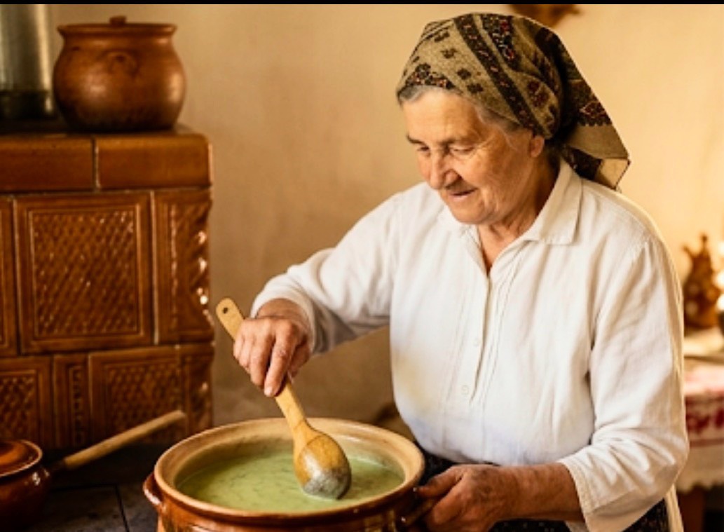 Romaniannettlemilksoupurziciculapte|暮らしを整えるルーマニ屋 温かみのある光が差し込む素朴なルーマニアの台所で伝統的な陶器や木製の調理器具を使い丁寧に手作りで料理を仕上げていくノスタルジックな風景 image title | 暮らしと心を整える収納と料理サポート