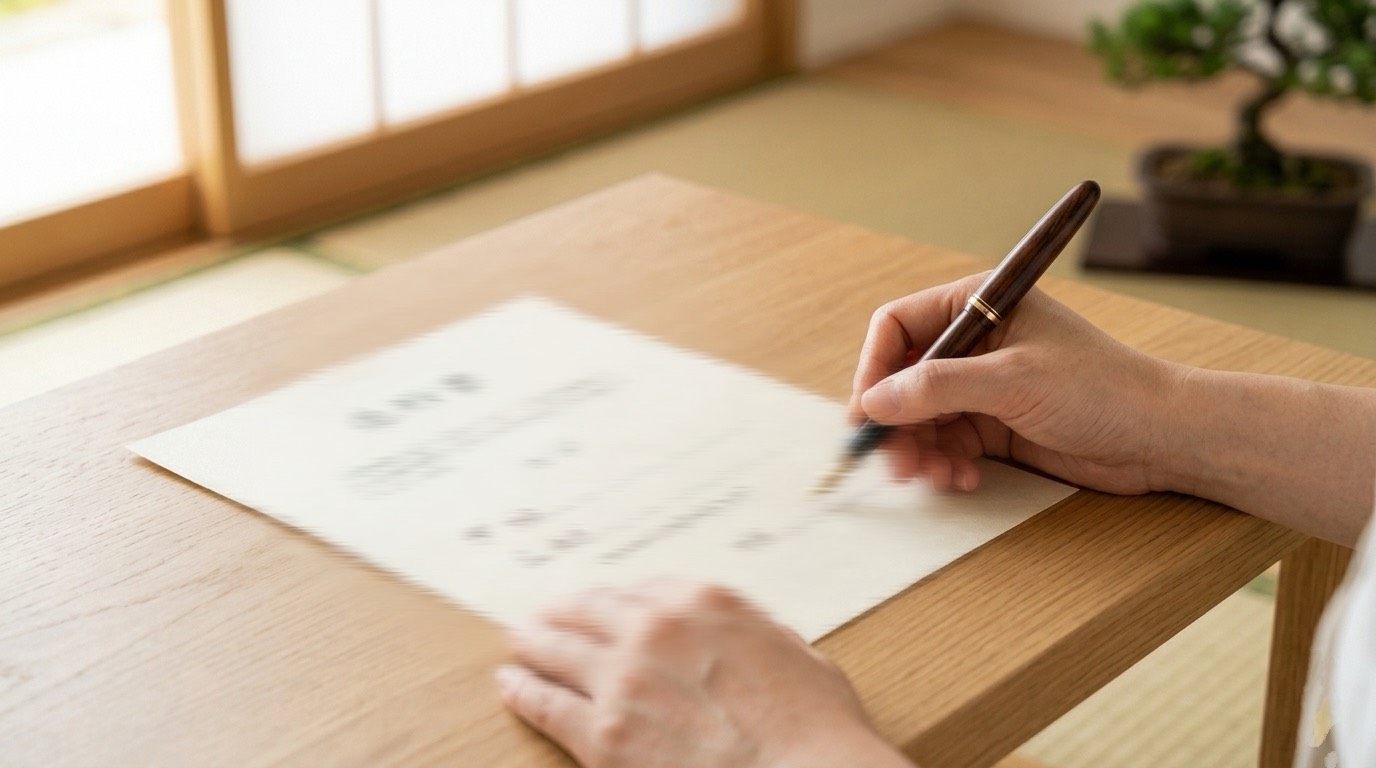 家事代行ルーマニ屋の利用契約書に万年筆で署名する様子安心して依頼できる丁寧な契約手続き image title | 暮らしと心を整える収納と料理サポート