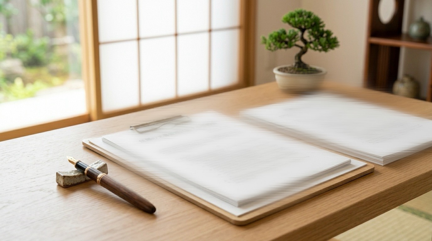 家事代行ルーマニ屋の利用規約とプライバシーポリシーの契約書類和室の机に置かれた丁寧な書類 image title | 暮らしと心を整える収納と料理サポート