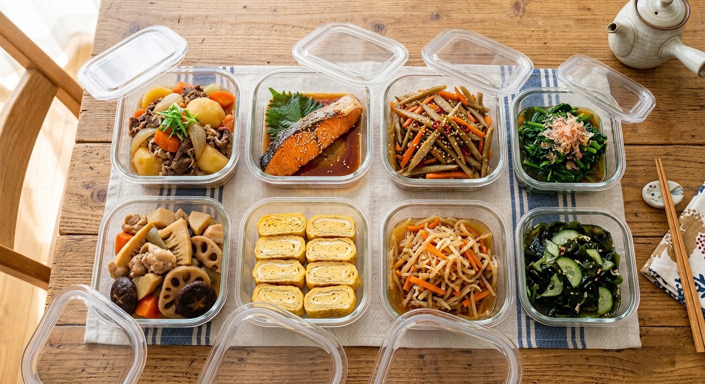 作り置き代行で作った肉じゃが・鮭の照り焼き・きんぴらなど和食8品が保存容器に並ぶ様子