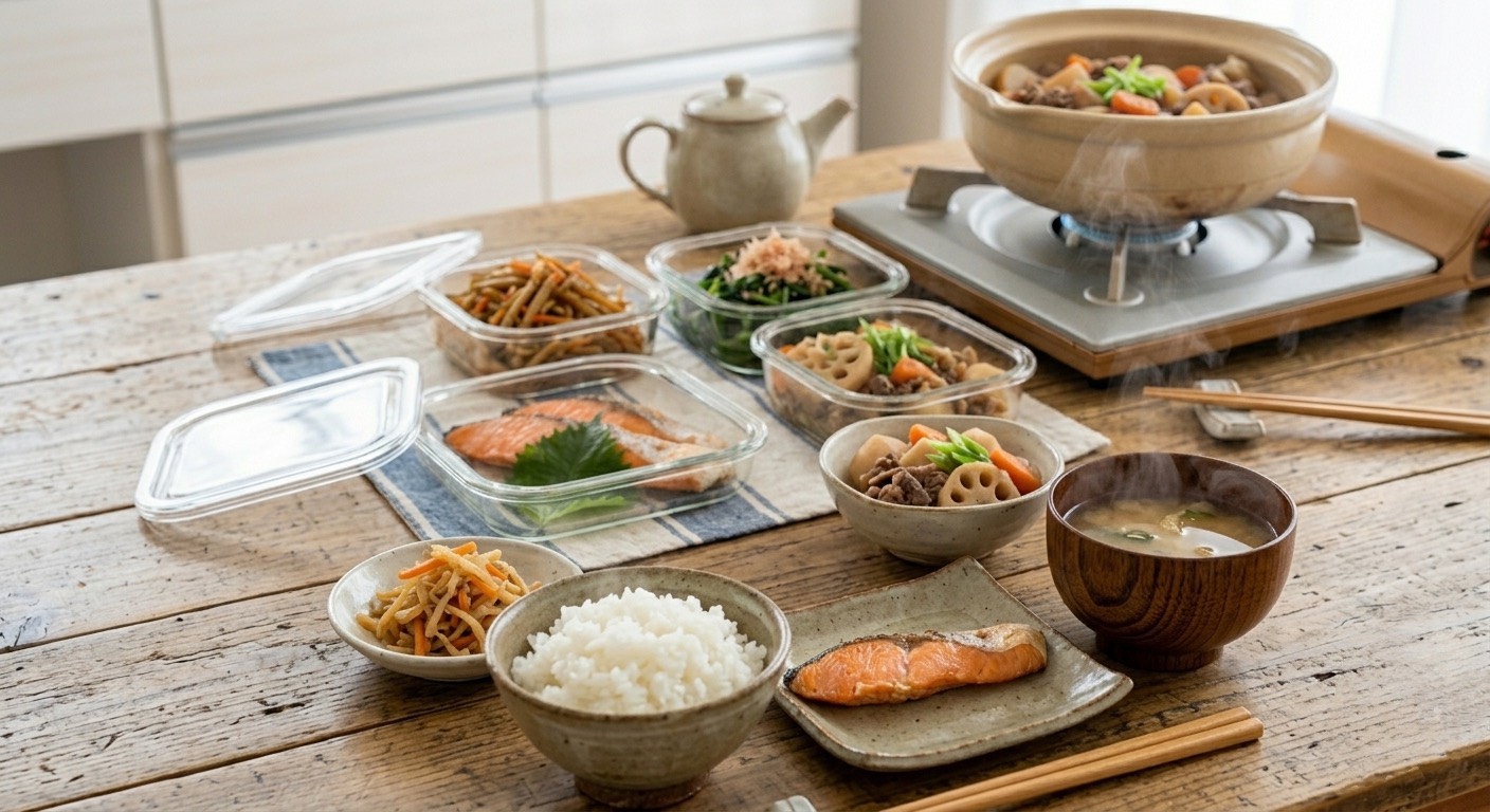 作り置き代行で用意した和食の作り置きと炊きたてごはん味噌汁の温かい食卓 image title | 暮らしと心を整える収納と料理サポート
